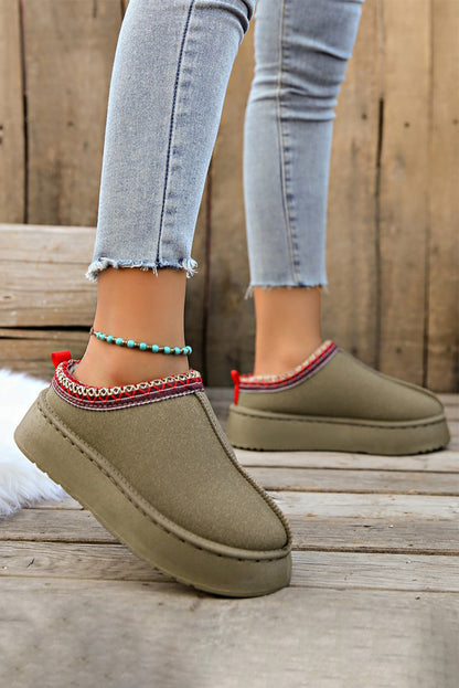 Contrast Print Suede Plush Lined Platform Slippers