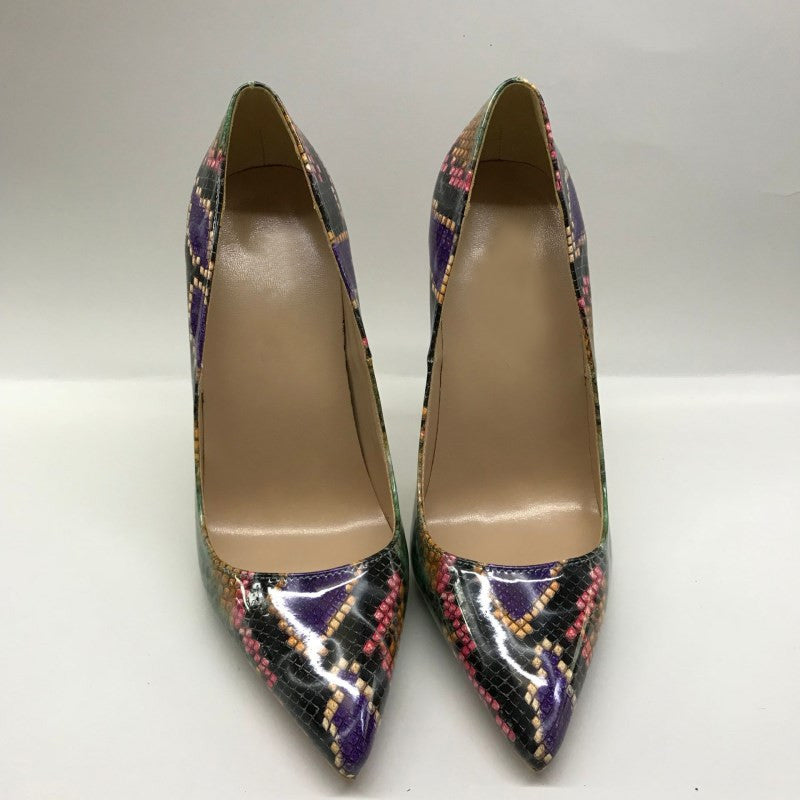 Color Snakeskin Pattern High Heels Women's 12cm Pointed Toe Stiletto Size Shallow Mouth Shoes