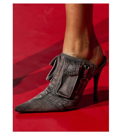 Half Slippers Women Pointed Toe High Stiletto Heels Ladies Mules Summer Pocket Designer