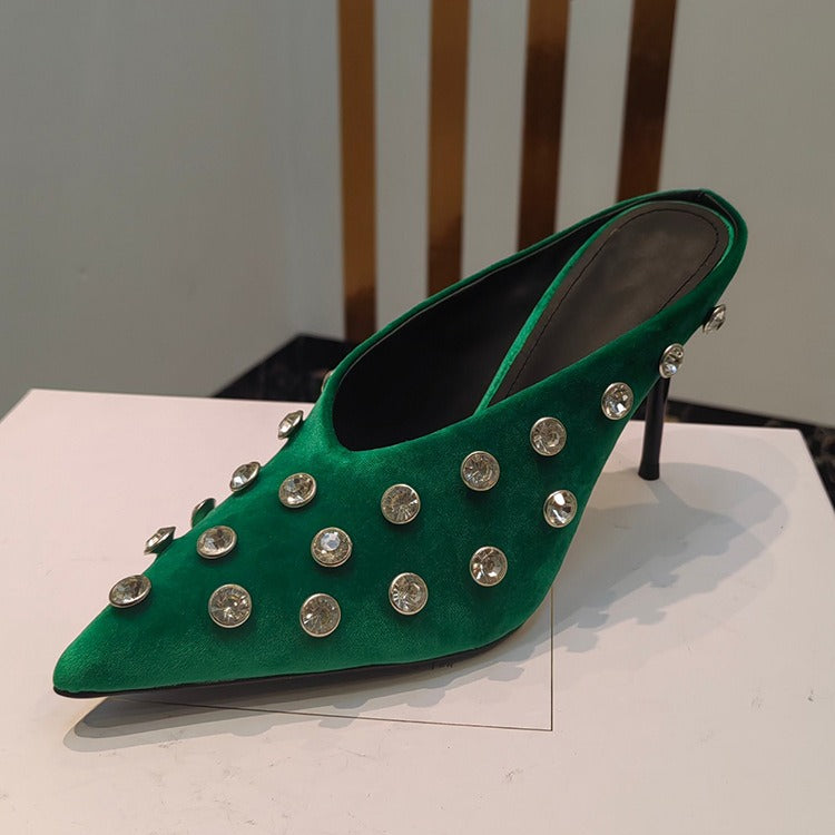 Women Crystal Embellished Mules Sexy Pointed-toe Stiletto Heels Pumps Female Slip-on Slides Ladies