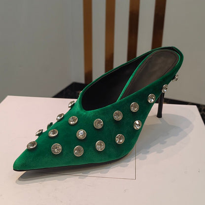 Women Crystal Embellished Mules Sexy Pointed-toe Stiletto Heels Pumps Female Slip-on Slides Ladies