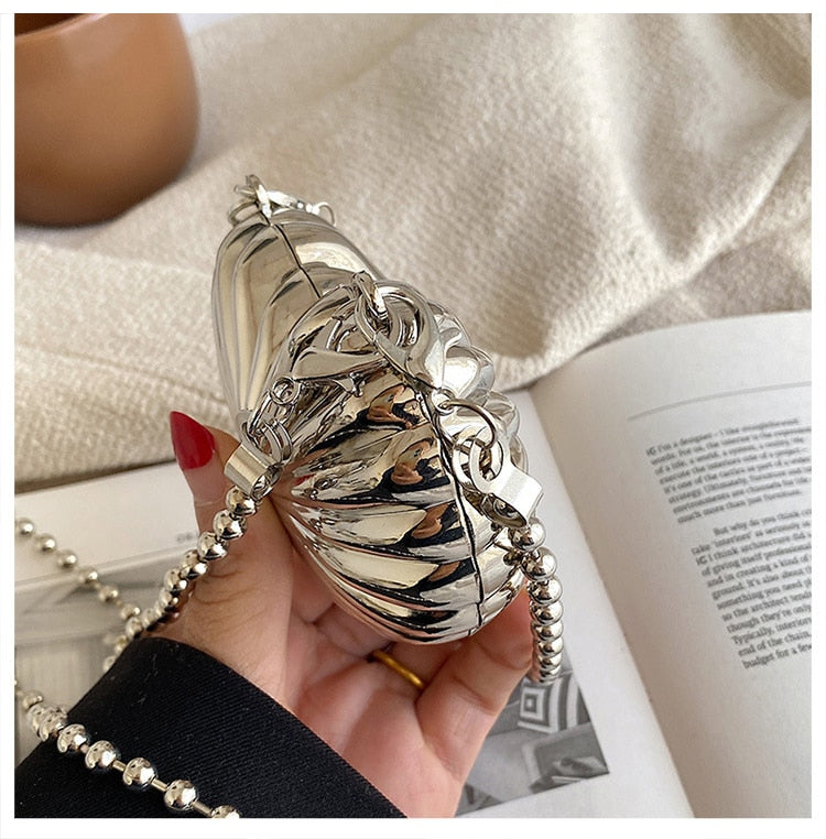 Mini Heart Shell Bag For Women Fashion New High Quality Alloy Design Handbag Female Beading Chain Shoulder Messenger Bag Femme