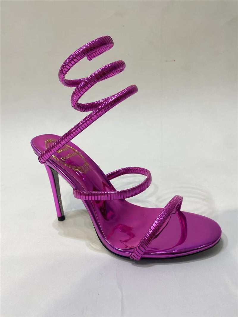 Gold Snake Winding Crystal Heels Women Sexy Stiletto Round Toe Sandals