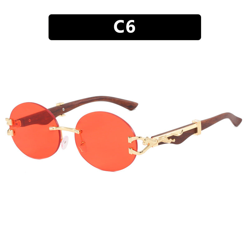 Leopard round frameless cut edge wooden leg sunglasses new sunglasses ins sunglasses for women