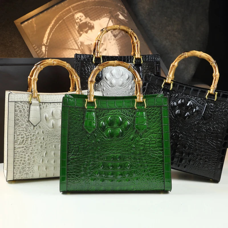 Brand Genuine Leather Bamboo Women's Bag Crocodile Pattern Ladies Handbag Portable Tote Bag Mom Tide Shoulder Messenger Bags