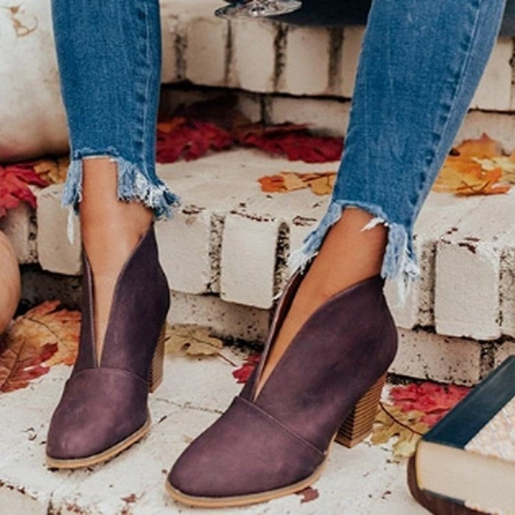 Martin boots oversized thick heels solid colors high heels V-mouth leather shoes single shoes