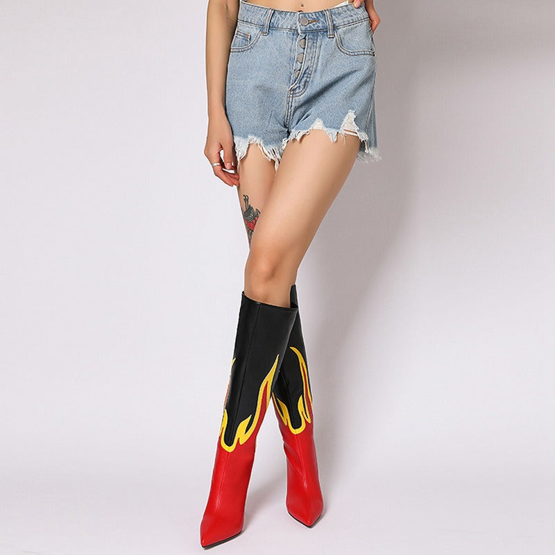 Autumn Women Patchwork Flame Faux Leather Boots Sexy Pointed Toe Stiletto Heels