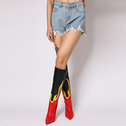 Autumn Women Patchwork Flame Faux Leather Boots Sexy Pointed Toe Stiletto Heels