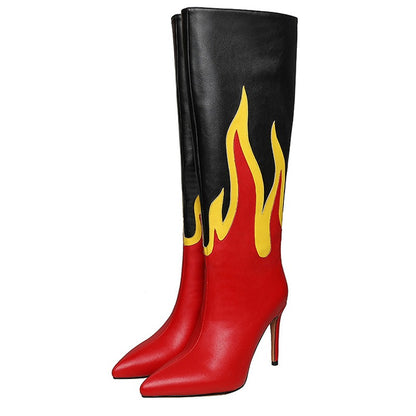 Autumn Women Patchwork Flame Faux Leather Boots Sexy Pointed Toe Stiletto Heels