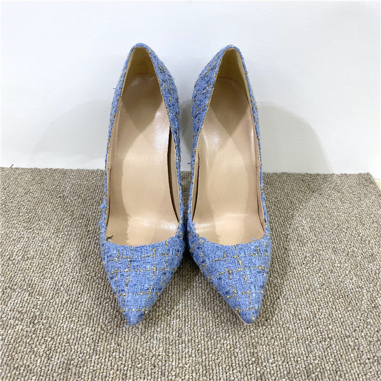 New Woven High Heels 12CM Pointed Toe Stiletto Pumps All-Match Women's Shoes