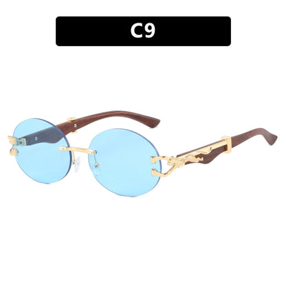 Leopard round frameless cut edge wooden leg sunglasses new sunglasses ins sunglasses for women