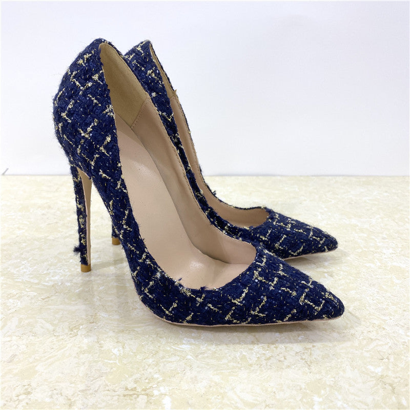 New Woven High Heels 12CM Pointed Toe Stiletto Pumps All-Match Women's Shoes