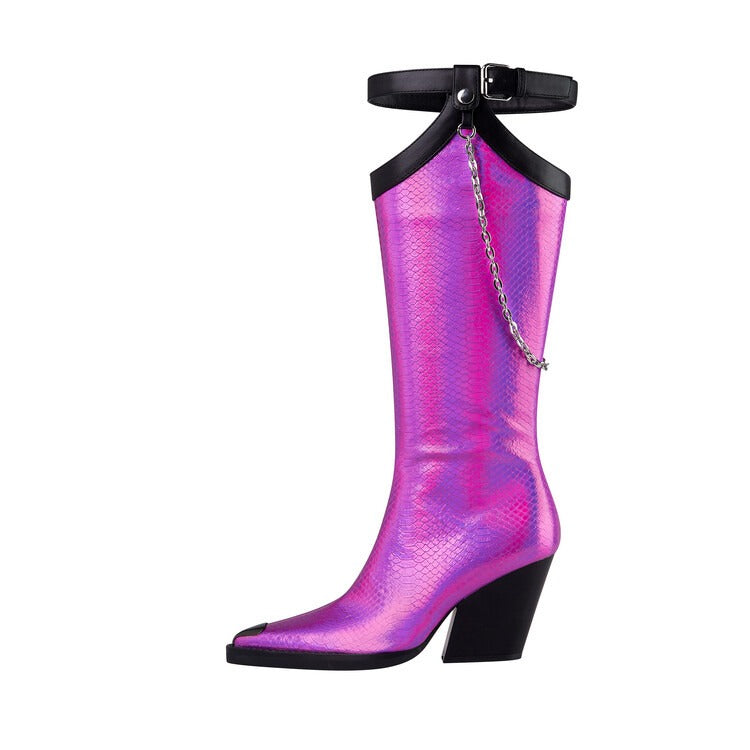 woman autumn winter print leather knee high boots woman punk chains high heels
