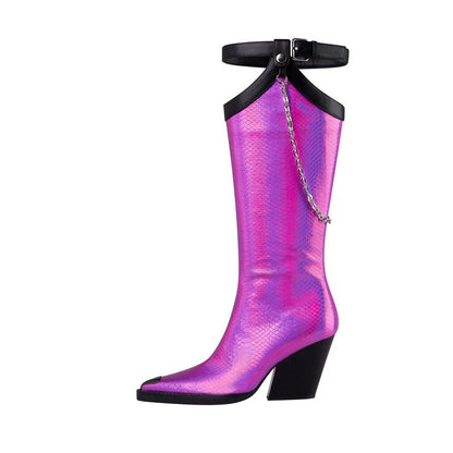 woman autumn winter print leather knee high boots woman punk chains high heels