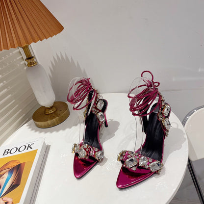 Fashionable cross strap rhinestones with exposed toes and high heels sandals