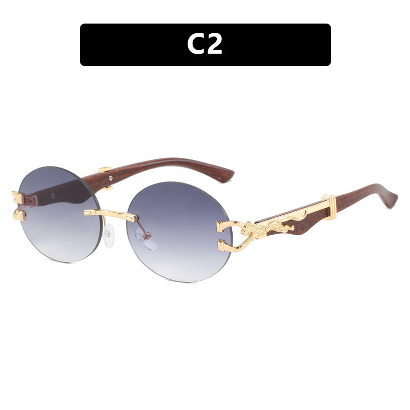 Leopard round frameless cut edge wooden leg sunglasses new sunglasses ins sunglasses for women