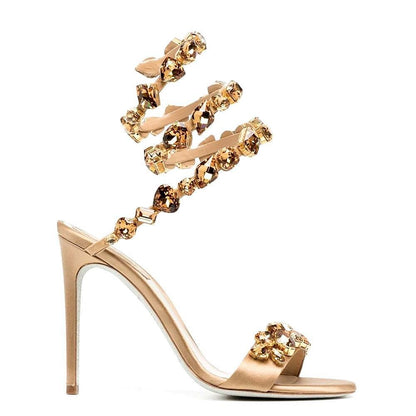 Summer Woman Ankle Wrap Crystal Sandals Sexy Peep Toe Stiletto Heels