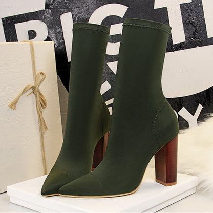 Elastic Band Stretch Fabric Socks Boots For Women Shoes Grain Square Heels Breathable Short