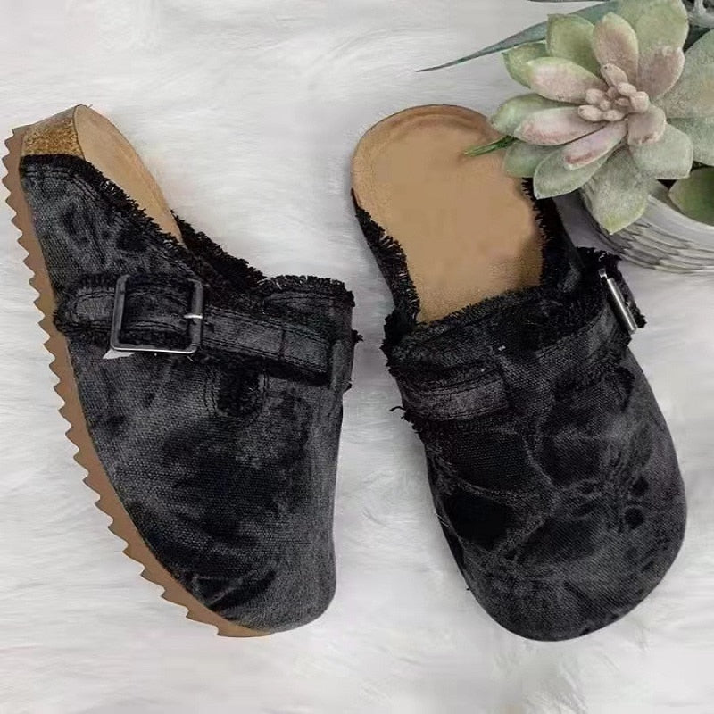 New Fashion Women Causal Faux Suede Slippers Wedges Heel Cork Mules Platform Clog Non Slip Sole Buckle Outdoor Home Shoes