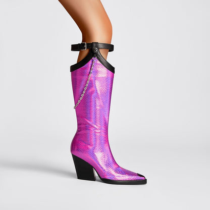 woman autumn winter print leather knee high boots woman punk chains high heels
