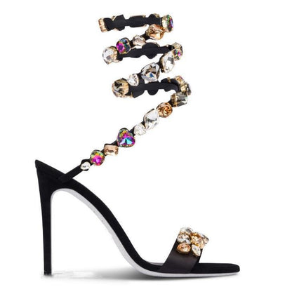 Summer Woman Ankle Wrap Crystal Sandals Sexy Peep Toe Stiletto Heels