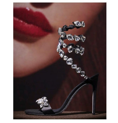 Summer Woman Ankle Wrap Crystal Sandals Sexy Peep Toe Stiletto Heels