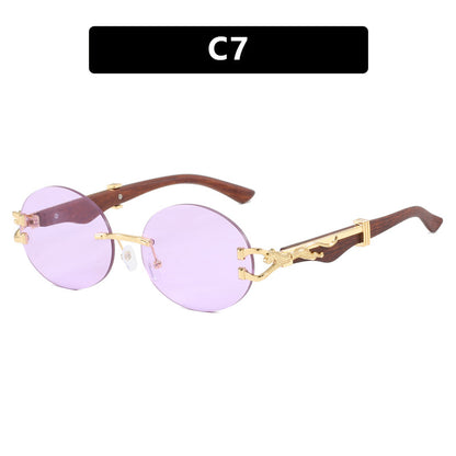 Leopard round frameless cut edge wooden leg sunglasses new sunglasses ins sunglasses for women