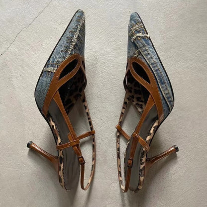 Denim Blue Pointed Toe Stiletto Sandals Women's Slingback Thin Heels Pumps Sexy Cutouts Office Lady Shoes