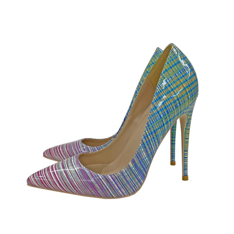 Colored patent leather high heels, thin heeled pointed toe, shallow mouthed soft leather women's shoes