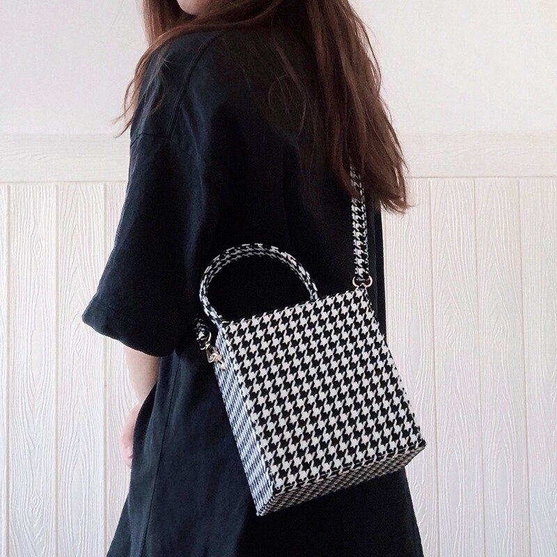 With Code Lock Houndstooth Box Shoulder Bag New Elegant Korean Purses And Handbags Female Big Square Crossbody Retro Bag