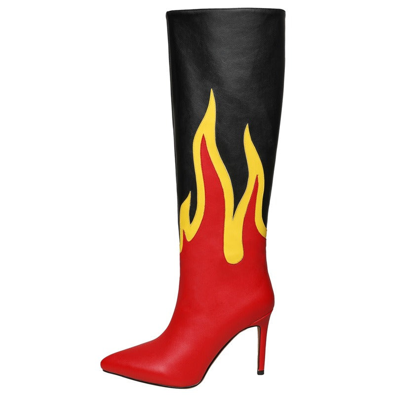 Autumn Women Patchwork Flame Faux Leather Boots Sexy Pointed Toe Stiletto Heels