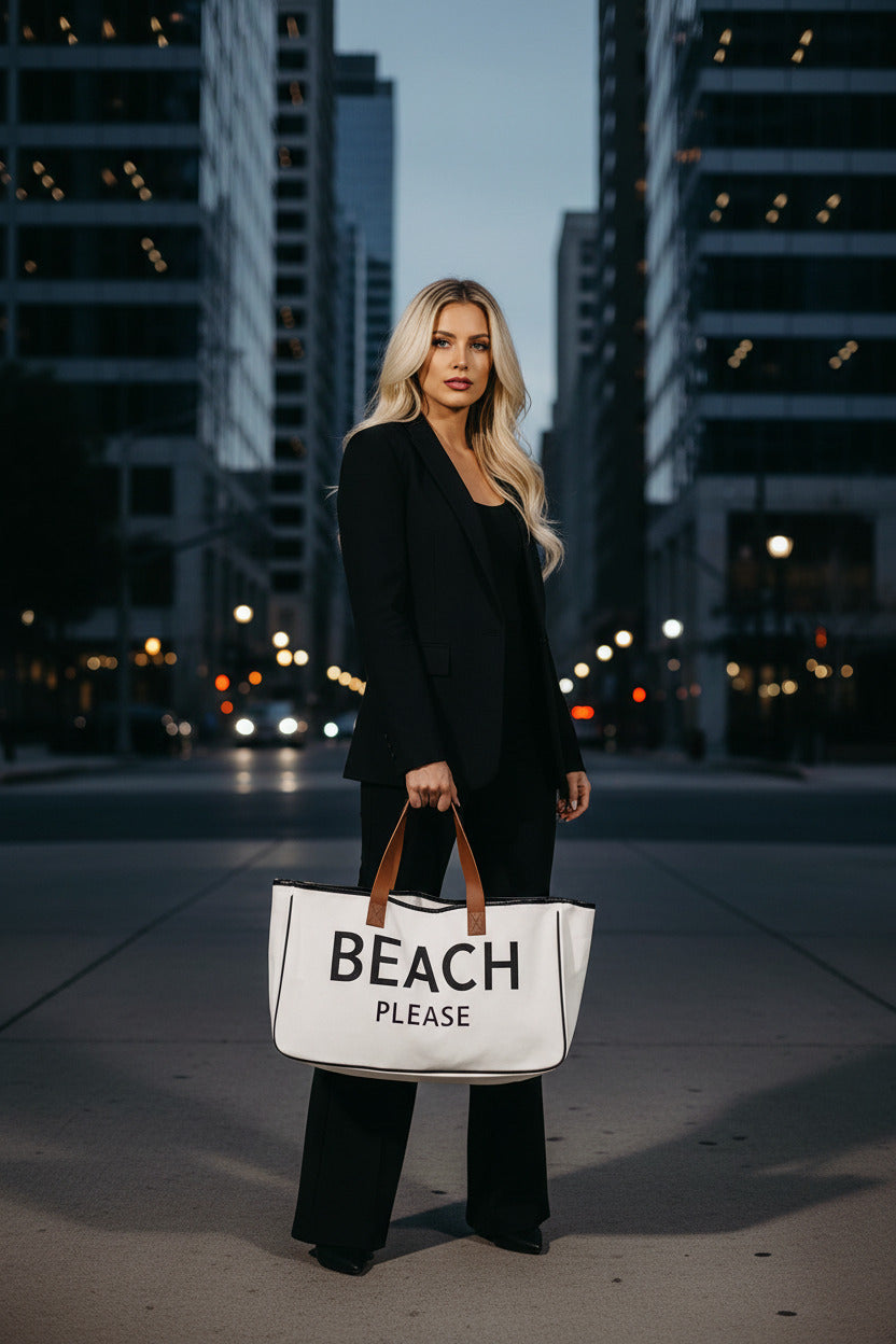 BEACH PLEASE Print Canvas Tote Bag