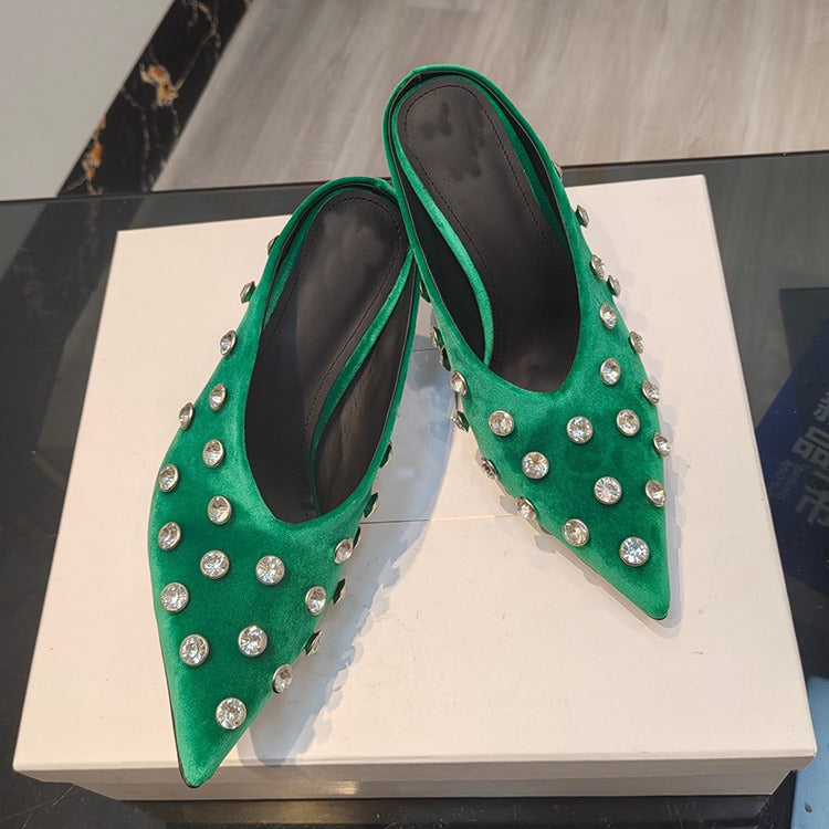 Women Crystal Embellished Mules Sexy Pointed-toe Stiletto Heels Pumps Female Slip-on Slides Ladies
