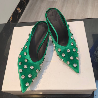 Women Crystal Embellished Mules Sexy Pointed-toe Stiletto Heels Pumps Female Slip-on Slides Ladies