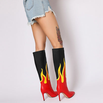 Autumn Women Patchwork Flame Faux Leather Boots Sexy Pointed Toe Stiletto Heels