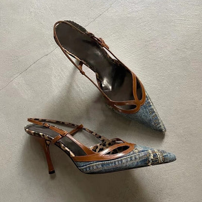 Denim Blue Pointed Toe Stiletto Sandals Women's Slingback Thin Heels Pumps Sexy Cutouts Office Lady Shoes