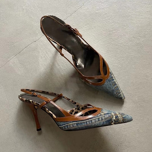 Denim Blue Pointed Toe Stiletto Sandals Women's Slingback Thin Heels Pumps Sexy Cutouts Office Lady Shoes