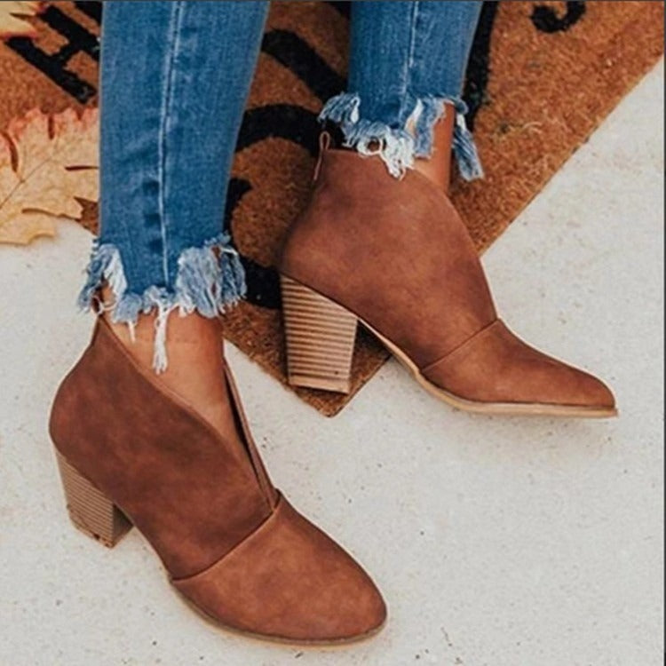 Martin boots oversized thick heels solid colors high heels V-mouth leather shoes single shoes
