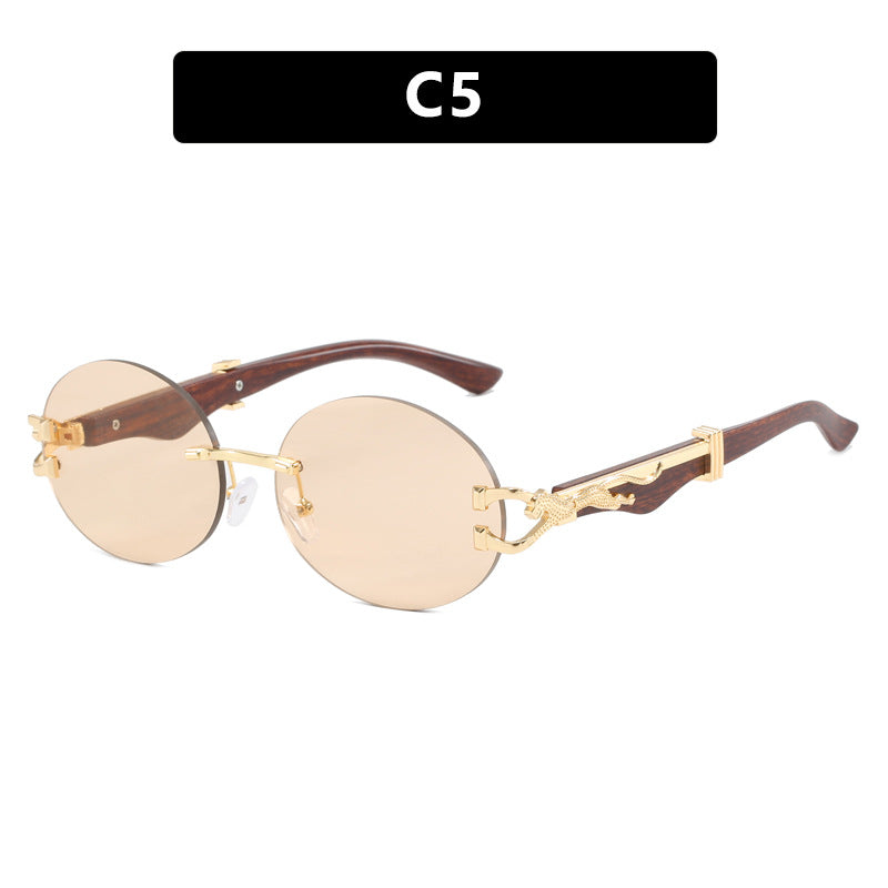 Leopard round frameless cut edge wooden leg sunglasses new sunglasses ins sunglasses for women