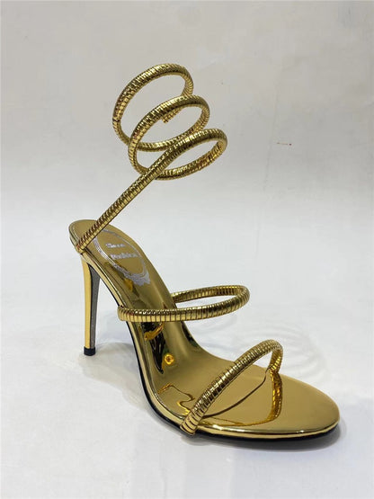 Gold Snake Winding Crystal Heels Women Sexy Stiletto Round Toe Sandals