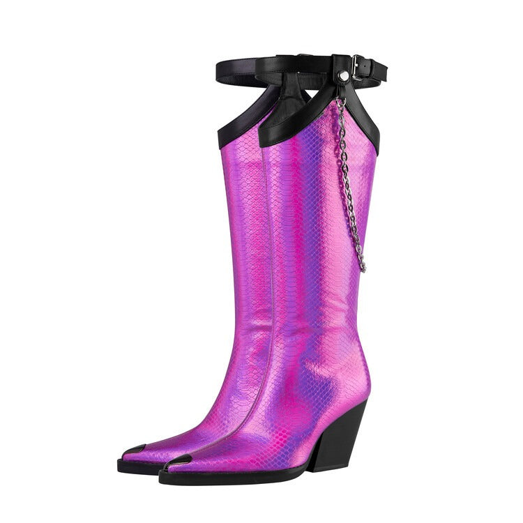 woman autumn winter print leather knee high boots woman punk chains high heels