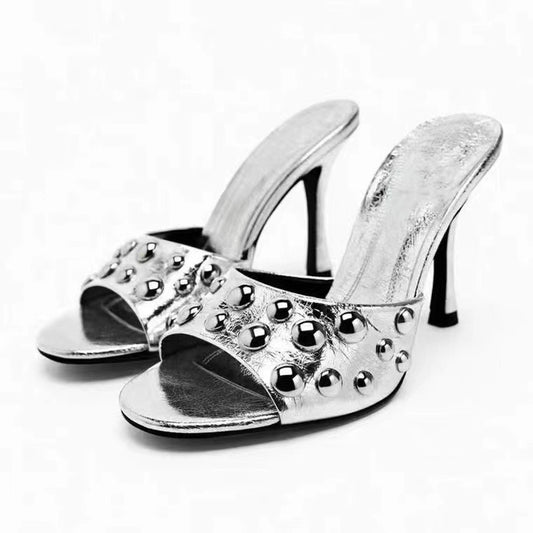 Women's Sandals Summer Mules Slingback Stiletto Heeled Sandals Silver Gold High Heels