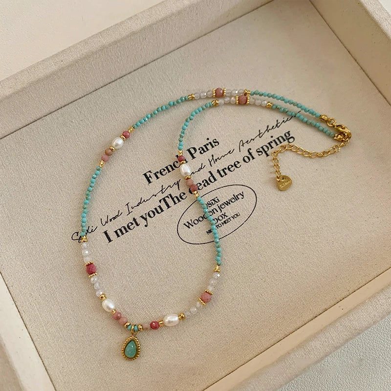 2025 Fashion Jewelry For Women's Sexy Collarbone Chain Accessories Natural Stone Pearl Bead Chain Water Droplet Pendant Necklace
