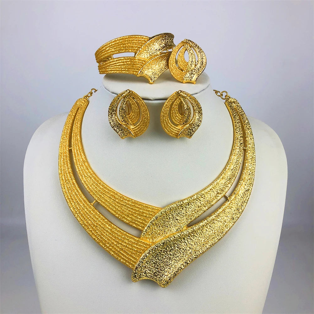 Exquisite 18K Gold Plated 4Pcs Jewelry Set for Women Big Size Necklace Earring Bracelet Ring African Bridal Wedding Party Gifts