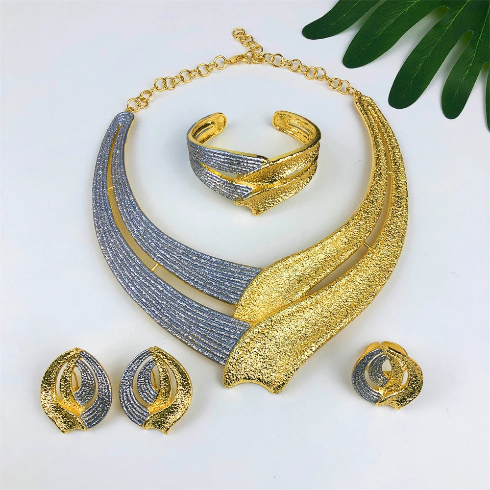 Exquisite 18K Gold Plated 4Pcs Jewelry Set for Women Big Size Necklace Earring Bracelet Ring African Bridal Wedding Party Gifts