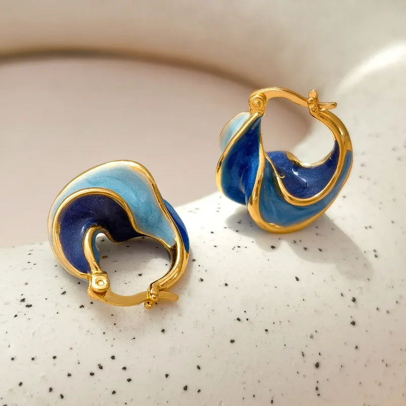 New Trendy Enamel Blue Color Metal Texture Small Hoop Earrings for Women Gold Plated Statement Ear Buckle Creative Jewelry Gifts
