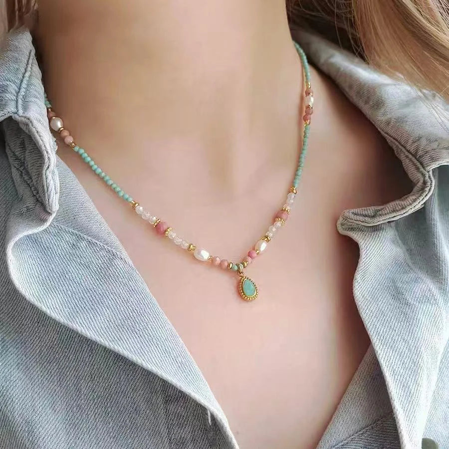 2025 Fashion Jewelry For Women's Sexy Collarbone Chain Accessories Natural Stone Pearl Bead Chain Water Droplet Pendant Necklace
