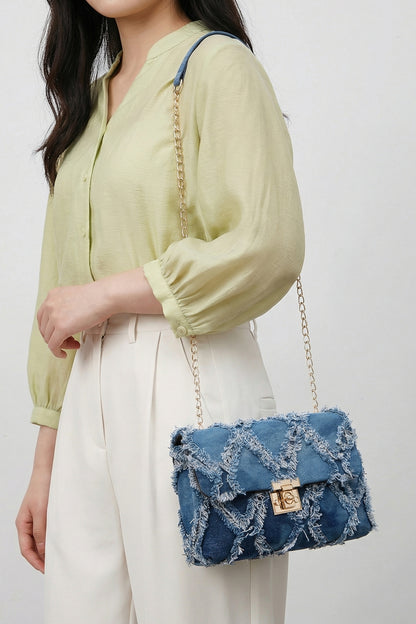 Distressed Lattice Denim Shoulder Bag
