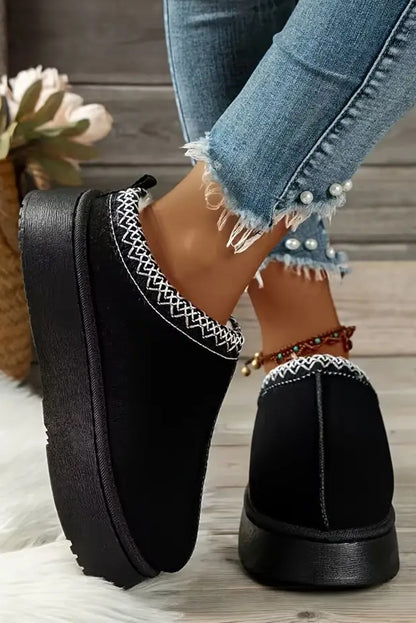Contrast Print Suede Plush Lined Platform Slippers