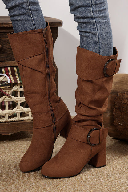 Suede Double Buckled Mid-calf Boots